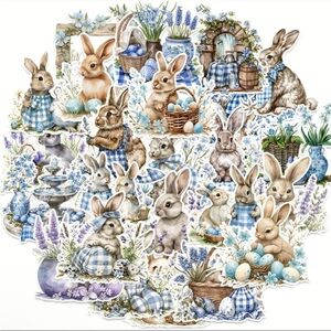 50 Springtime Blue Charming Bunny Sticker Set Easter Floral